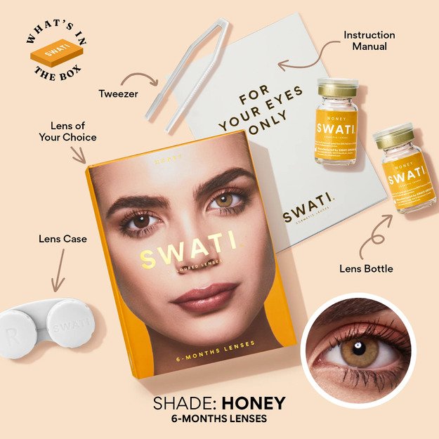 SWATI Cosmetics spalvoti lęšiai Honey 6 mėn. naudojimo, šviesiai ruda (medaus ir lazdyno riešutų atspalvio) spalva , be dioptrijų (0.00) - SWATI Cosmetics Honey - 6 months, HONEY PWR, 0.00