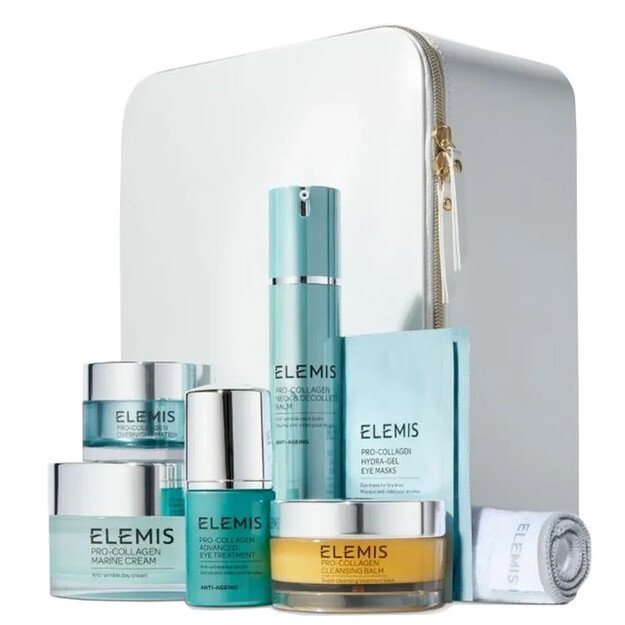 Prabangus veido priežiūros kosmetikos kolekcinis rinkinys - Elemis Pro-Collagen Jewels Set (Balm 50g+50ml, Treatment 15ml, Cream 100ml+30ml, Mask 2pcs, Cleansing Cloth, Gift Box)