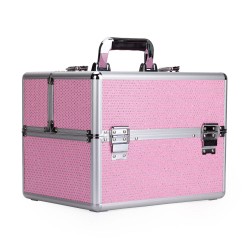 Kosmetikos lagaminas XL lempai keturios lentynos rožinis su cirkonio efektu