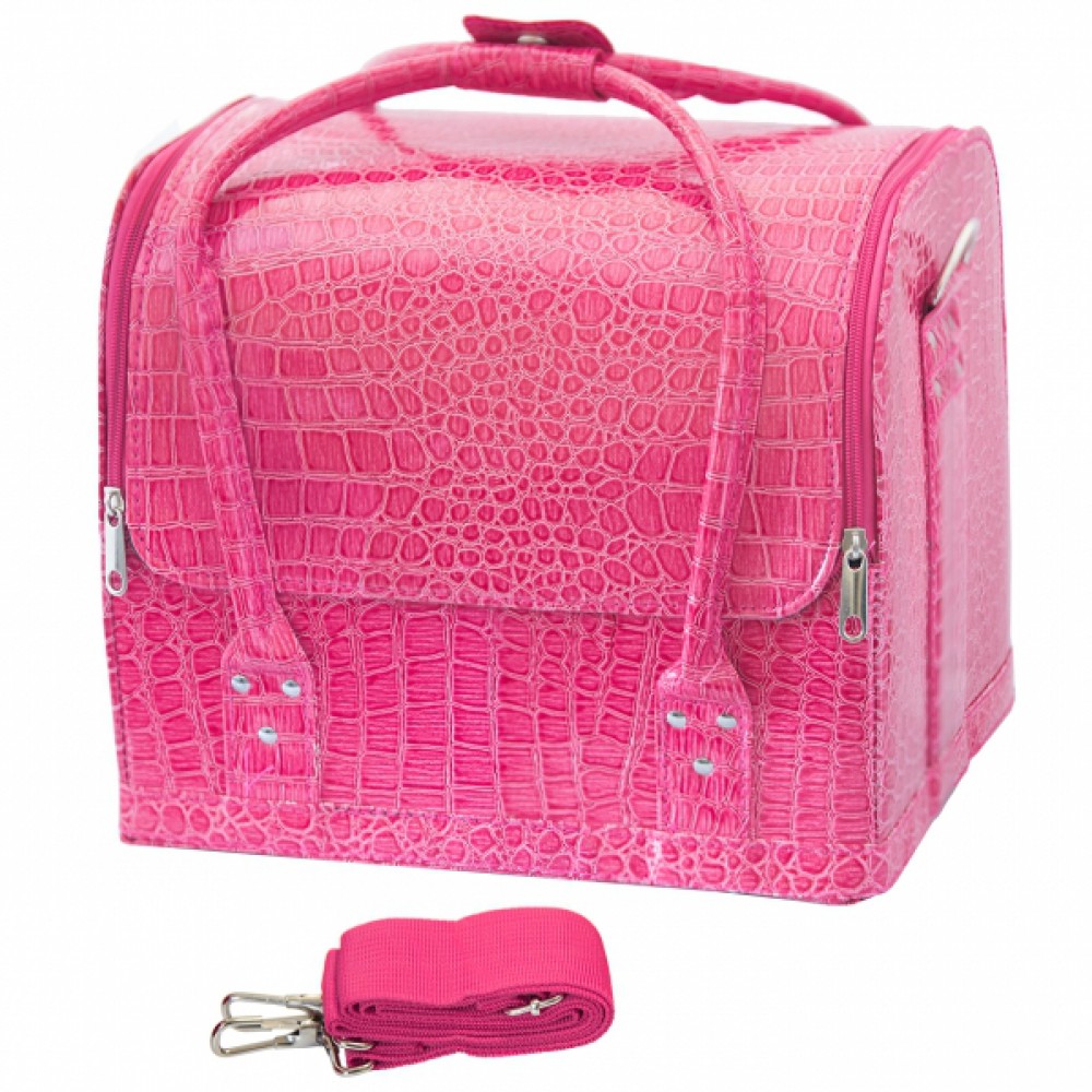 Rožinės spalvos odos imitacijos kosmetikos lagaminas